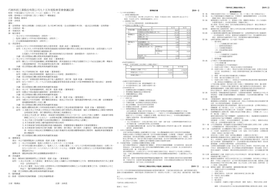 巧新科技工业股份有限公司九十五年度股东常会会议记录.docx_第1页