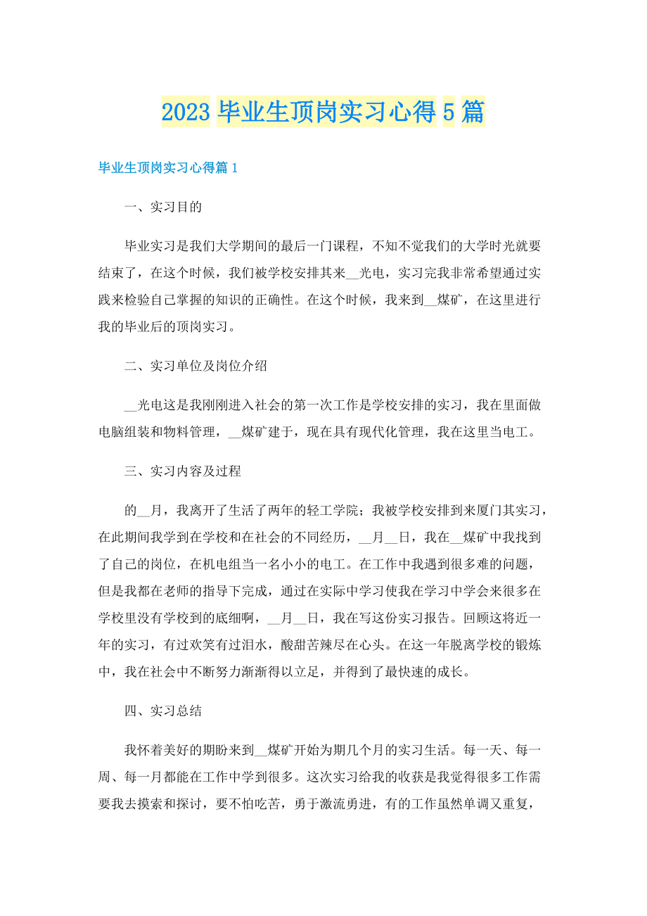 2023毕业生顶岗实习心得5篇.doc_第1页