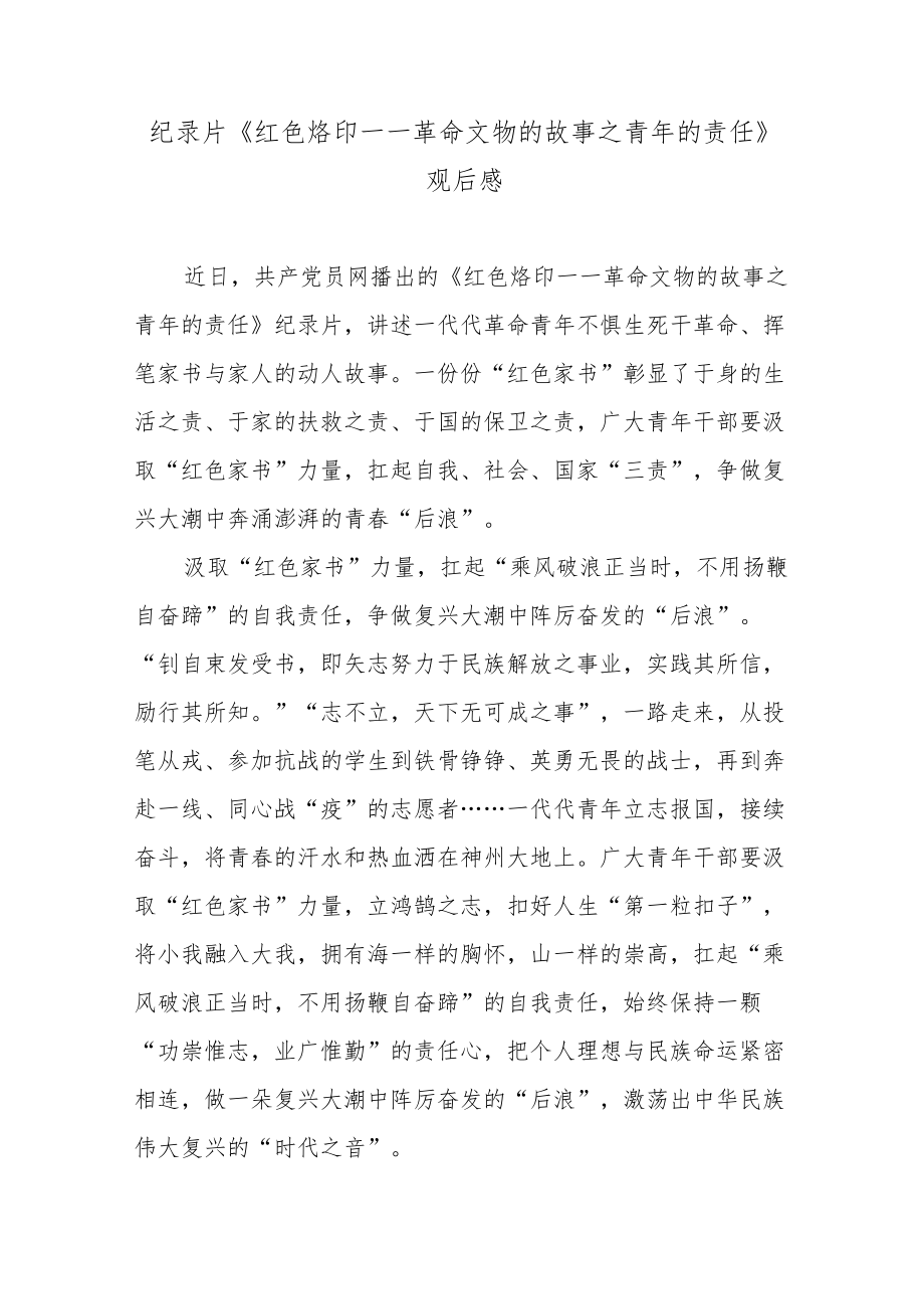 纪录片《红色烙印——革命文物的故事之青年的责任》观后感.docx_第1页