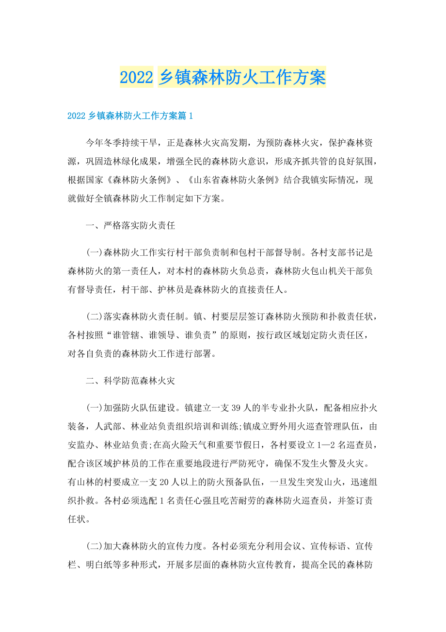 2022乡镇森林防火工作方案.doc_第1页