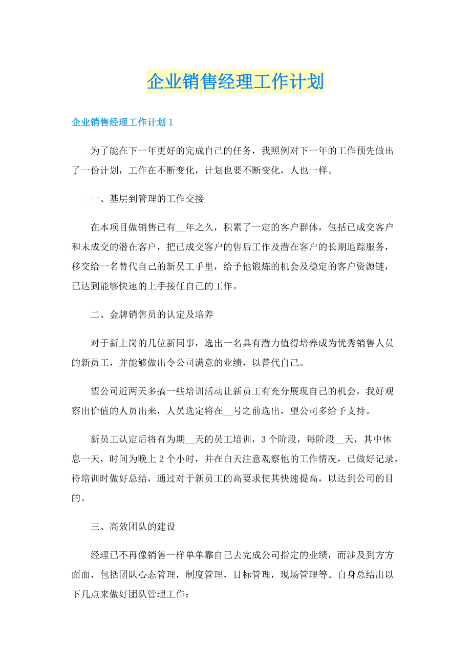 企业销售经理工作计划.doc_第1页