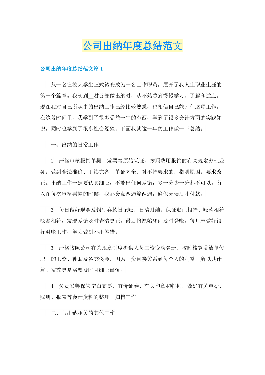 公司出纳年度总结范文.doc_第1页