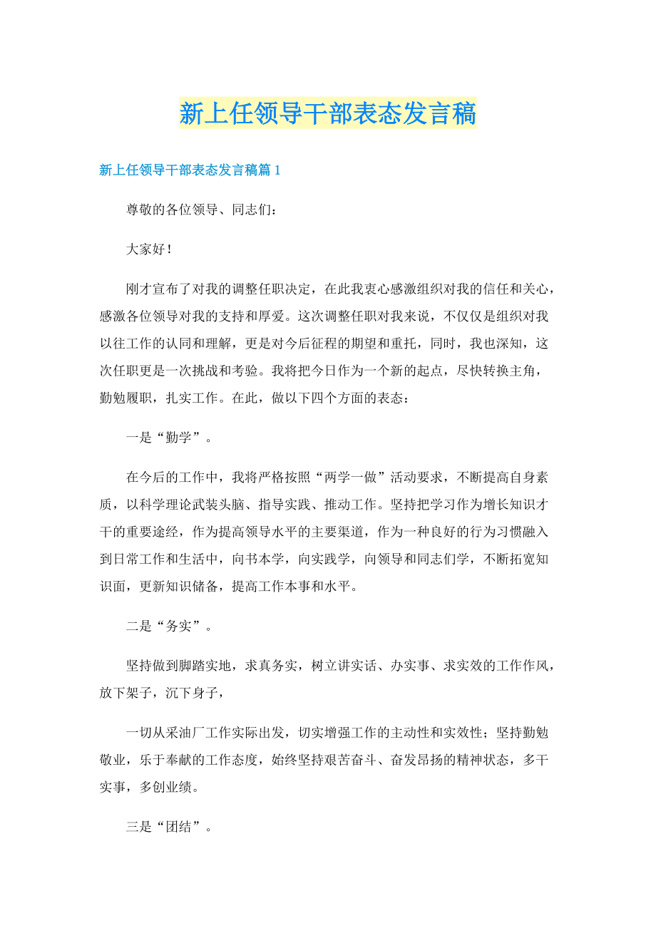 新上任领导干部表态发言稿.doc_第1页