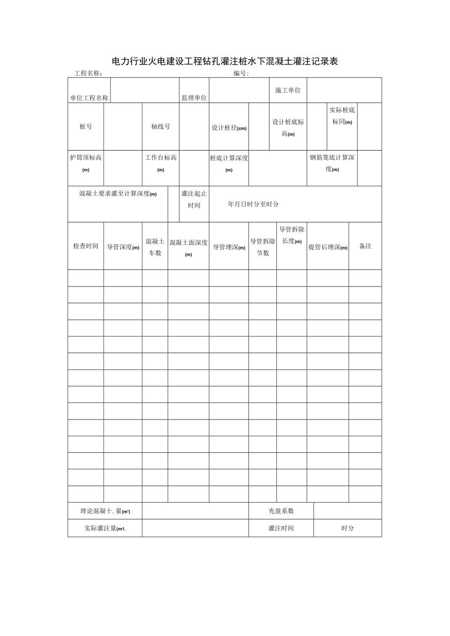 电力行业火电建设工程钻孔灌注桩水下混凝土灌注记录表.docx_第1页