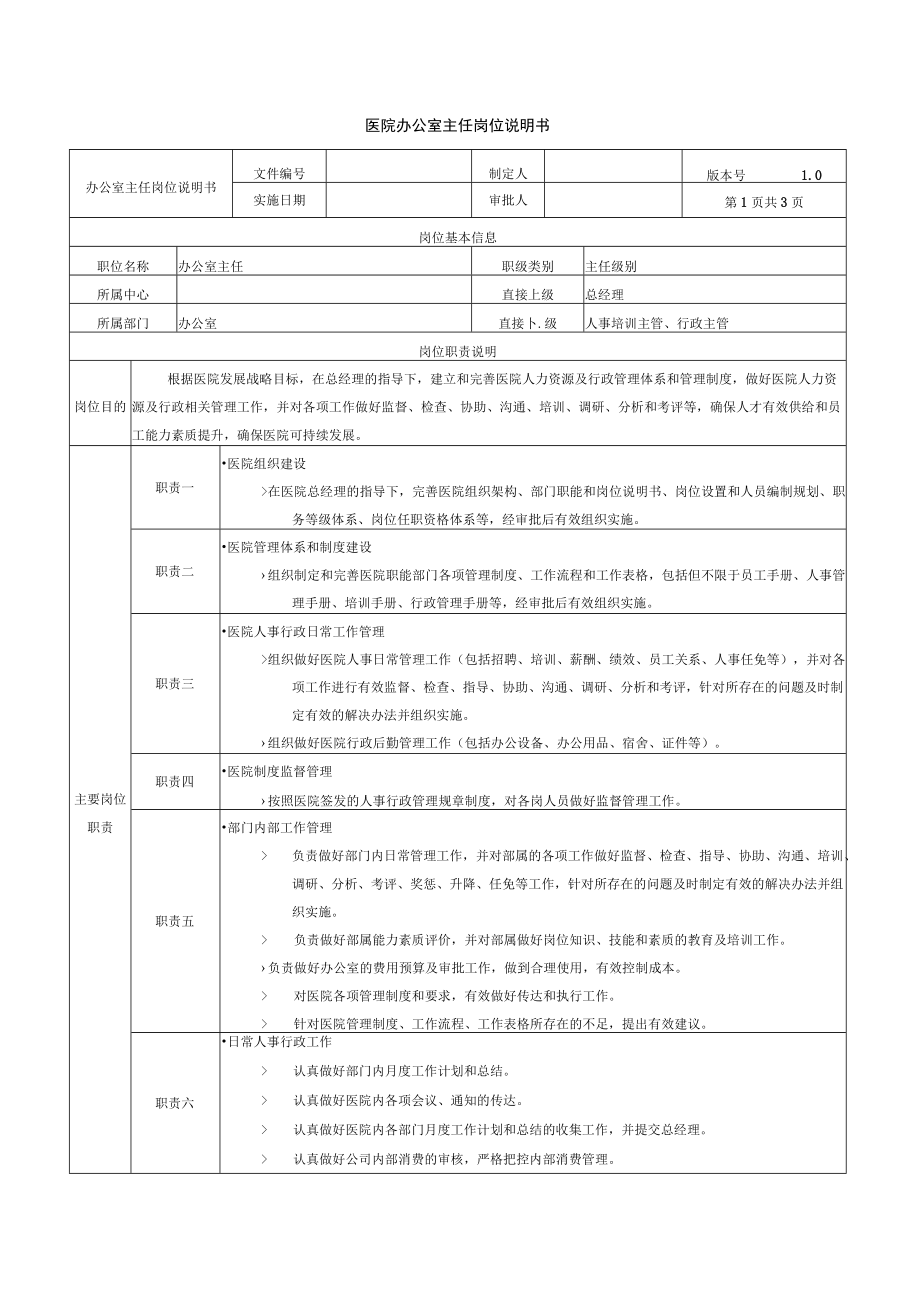 医院办公室主任岗位说明书.docx_第1页