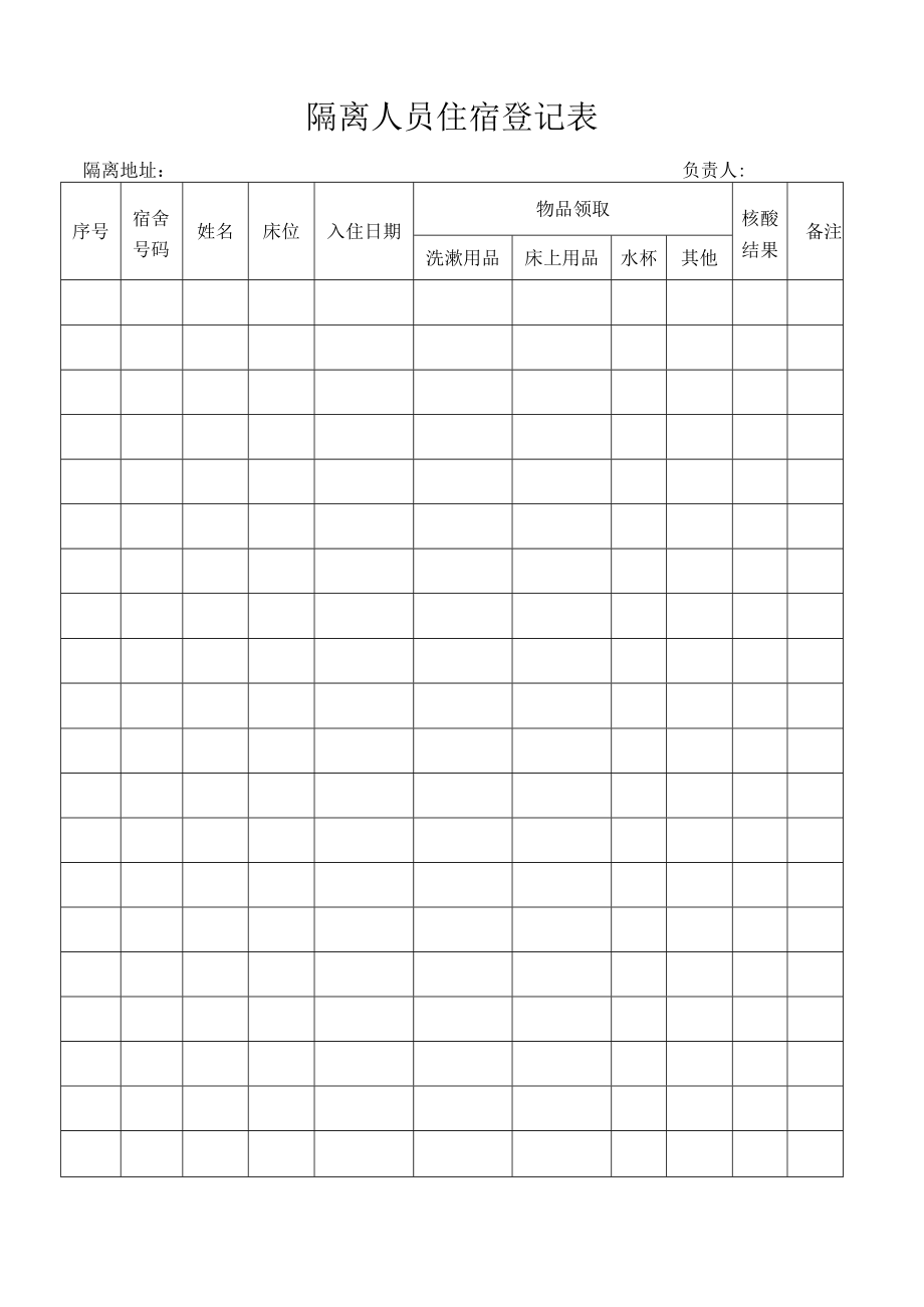 疫情防控隔离人员住宿登记表.docx_第1页