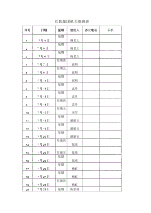 后勤集团机关值班表.docx