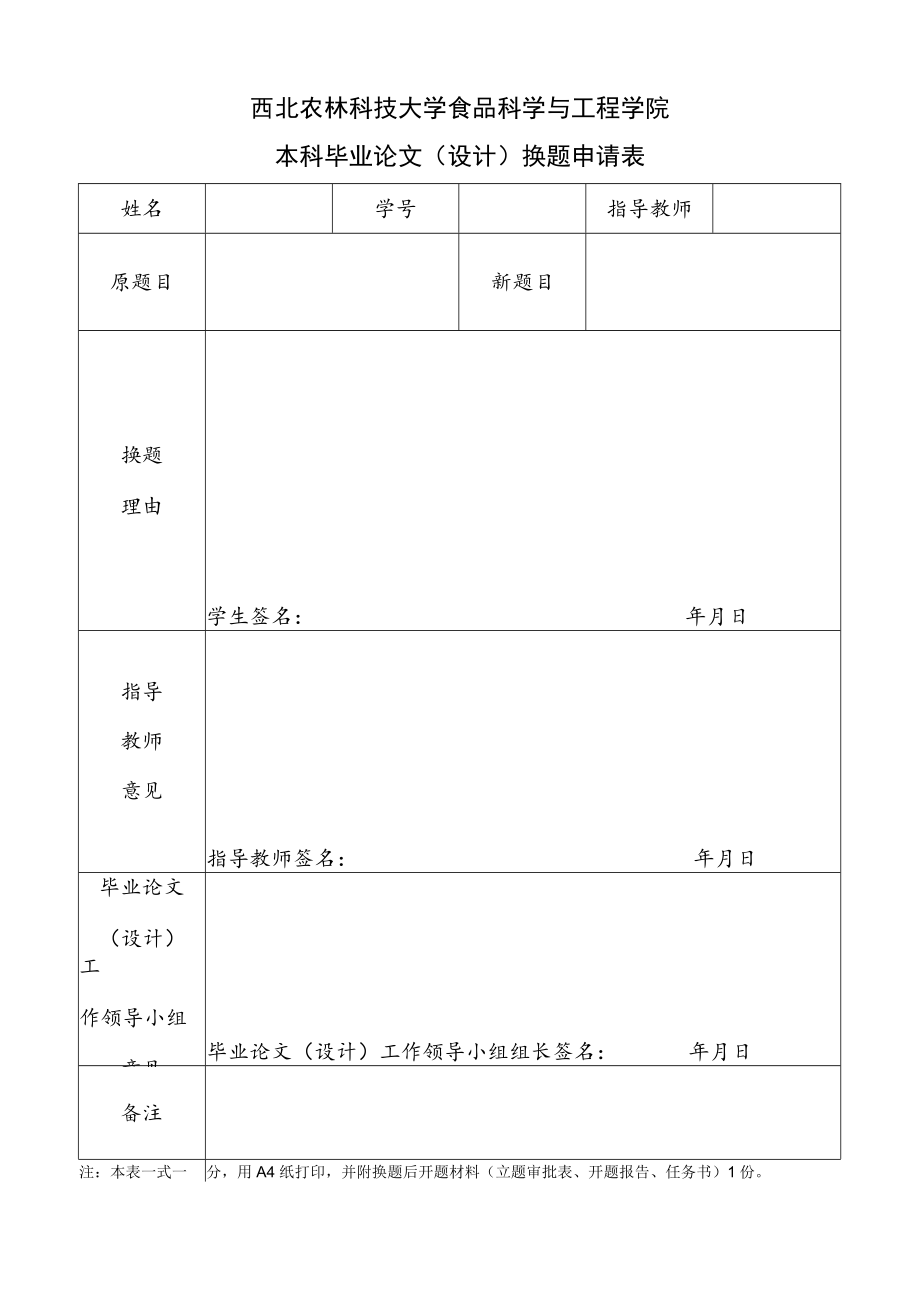 西北农林科技大学食品科学与工程学院本科毕业论文设计换题申请表.docx_第1页