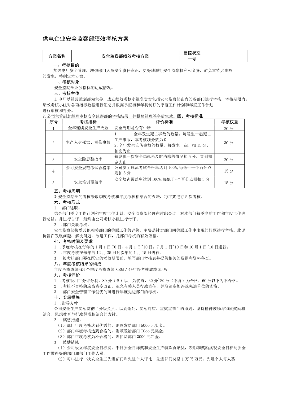 供电企业安全监察部绩效考核方案.docx_第1页