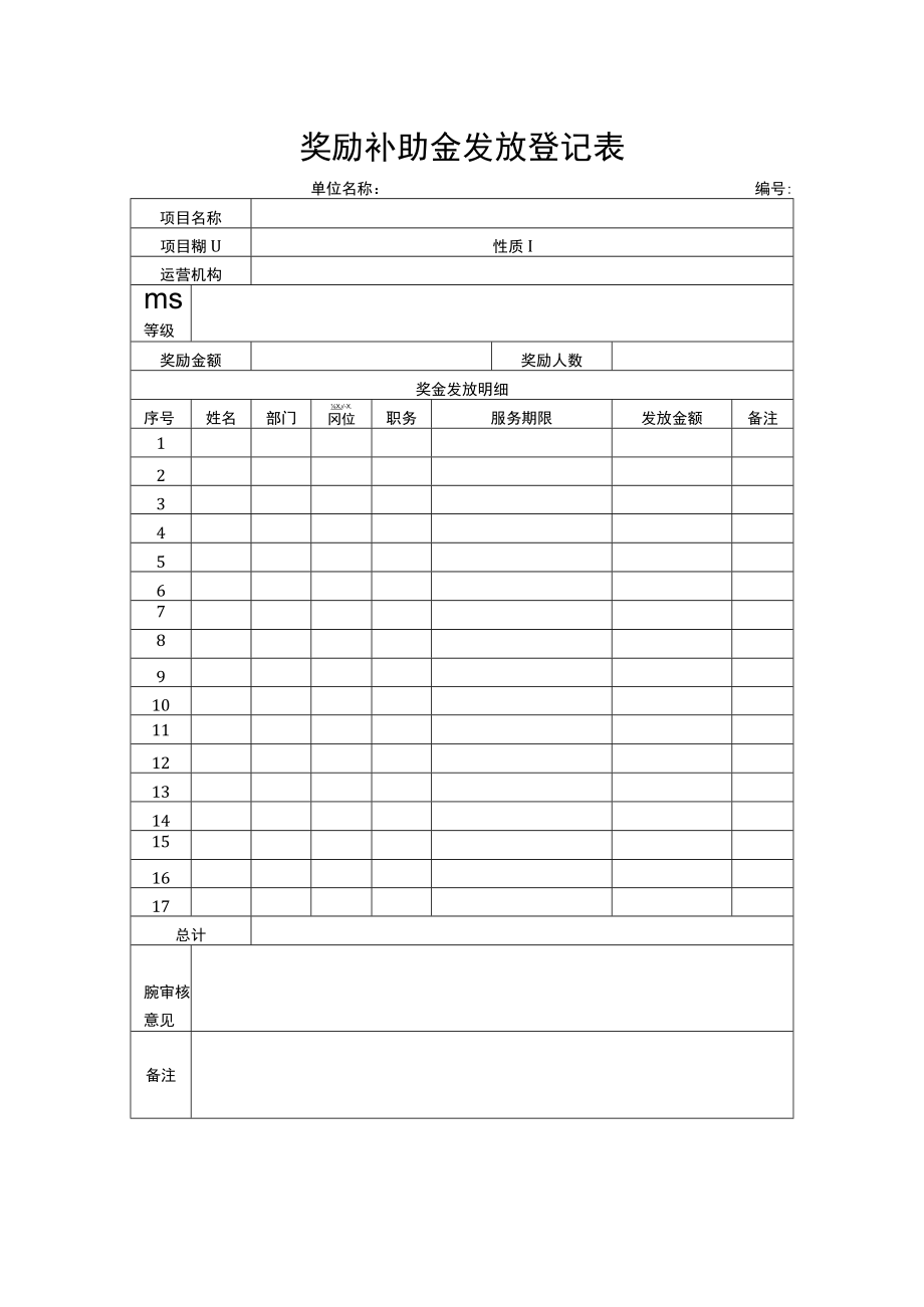 奖励补助金发放登记表.docx_第1页