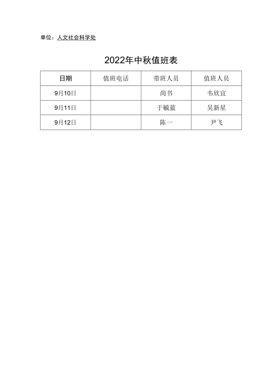 单位人文社会科学处2022年中秋值班表.docx_第1页