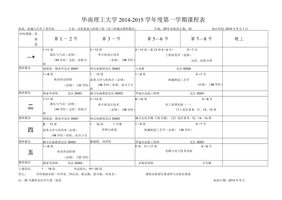 华南理工大学2014--2015学年度第一学期课程表.docx_第2页