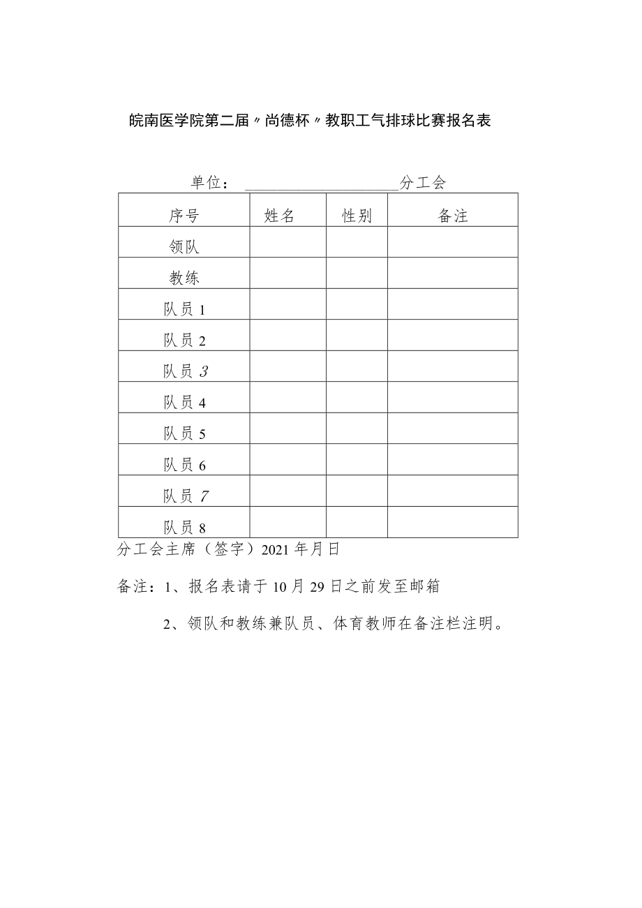 皖南医学院第二届“尚德杯”教职工气排球比赛报名表.docx_第1页