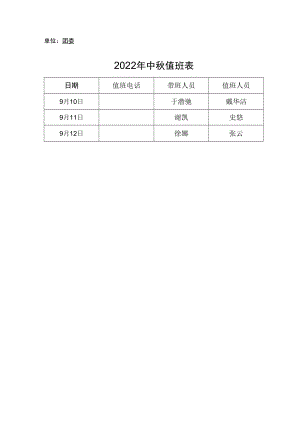 单位团委2022年中秋值班表.docx