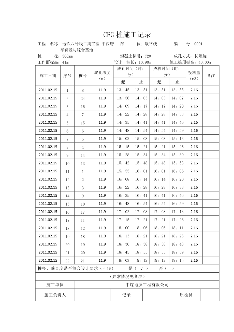 CFG桩施工记录-联络线.docx_第1页