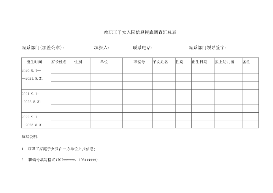 教职工子女入园信息摸底调查汇总表院系部门（加盖公章）：填报人：联系电话：院系部门领导签字：.docx_第1页