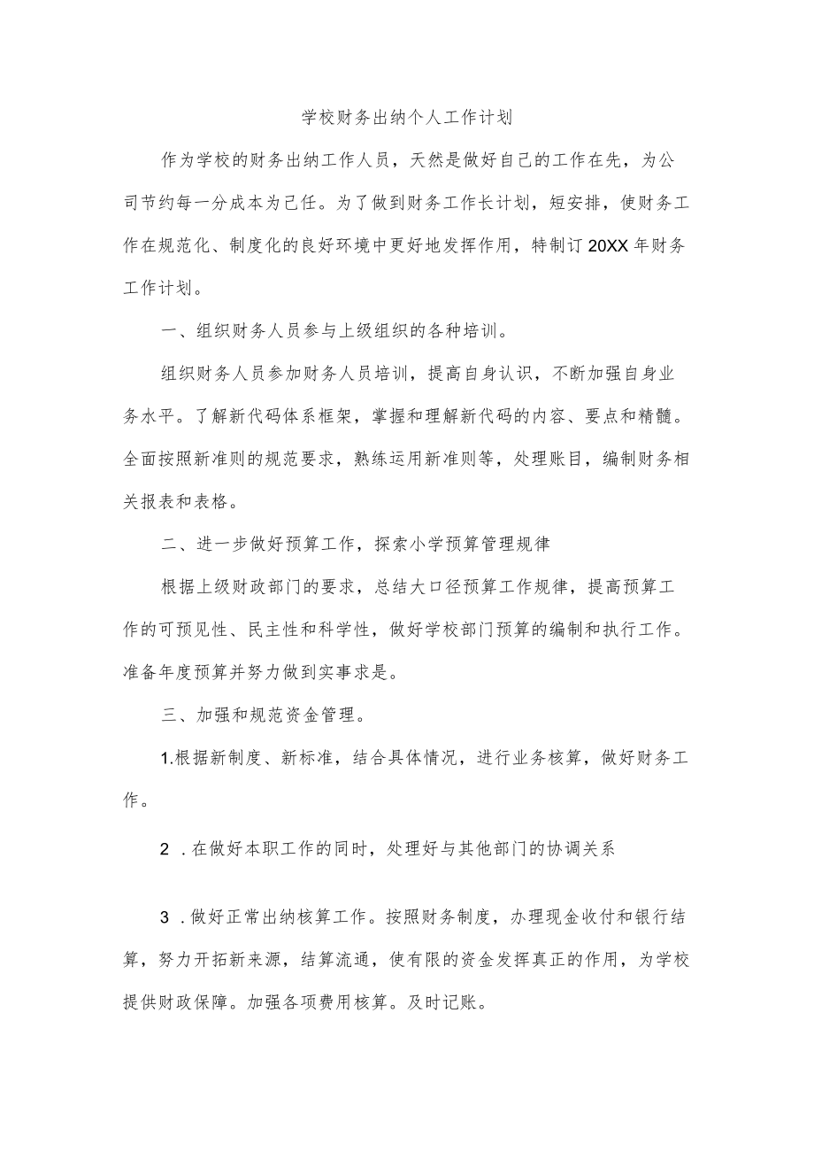 学校财务出纳个人工作计划.docx_第1页