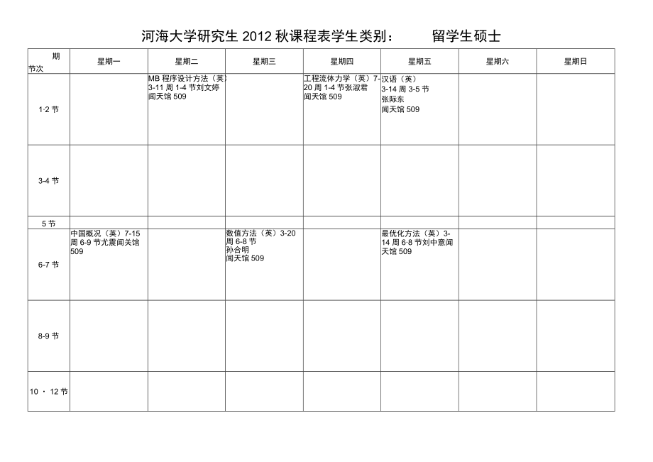 河海大学研究生2012秋课程表学生类别留学生硕士.docx_第1页