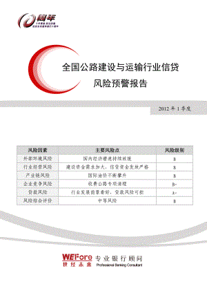 XXXX年1季度全国公路建设与运输行业信贷风险预警报告.docx