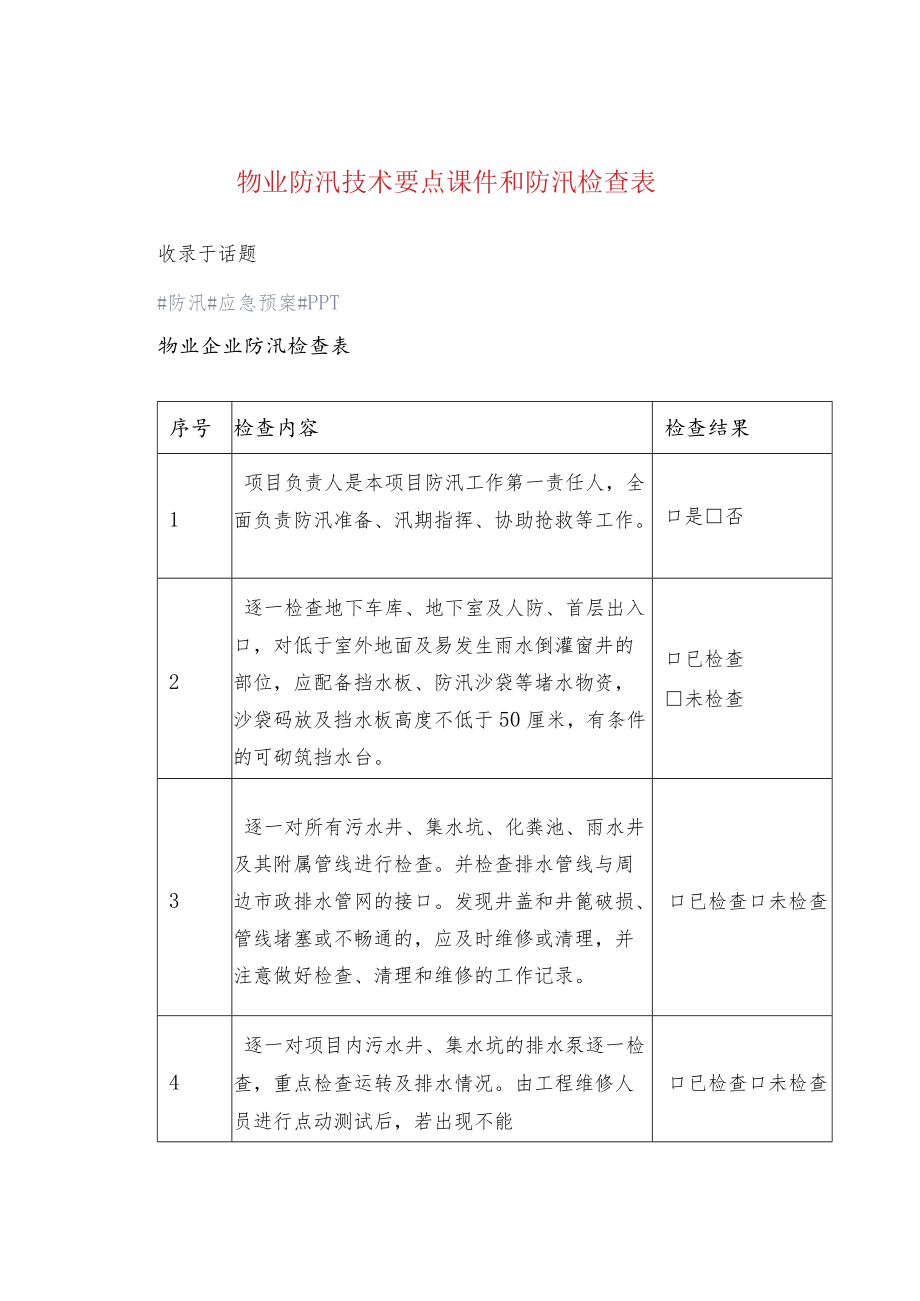 物业防汛技术要点课件和防汛检查表.docx_第1页