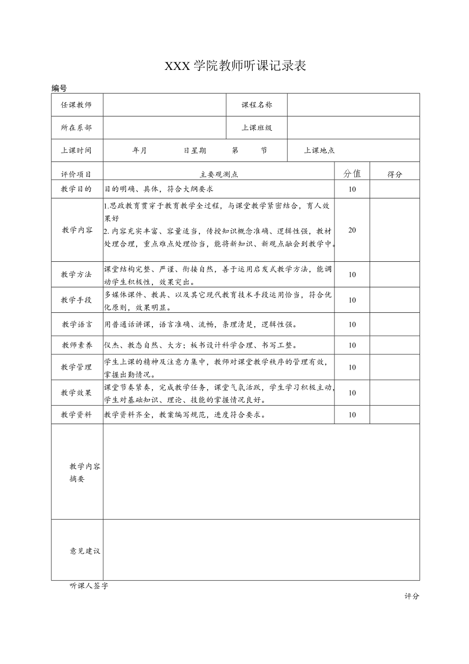 学院教师听课记录表.docx_第1页