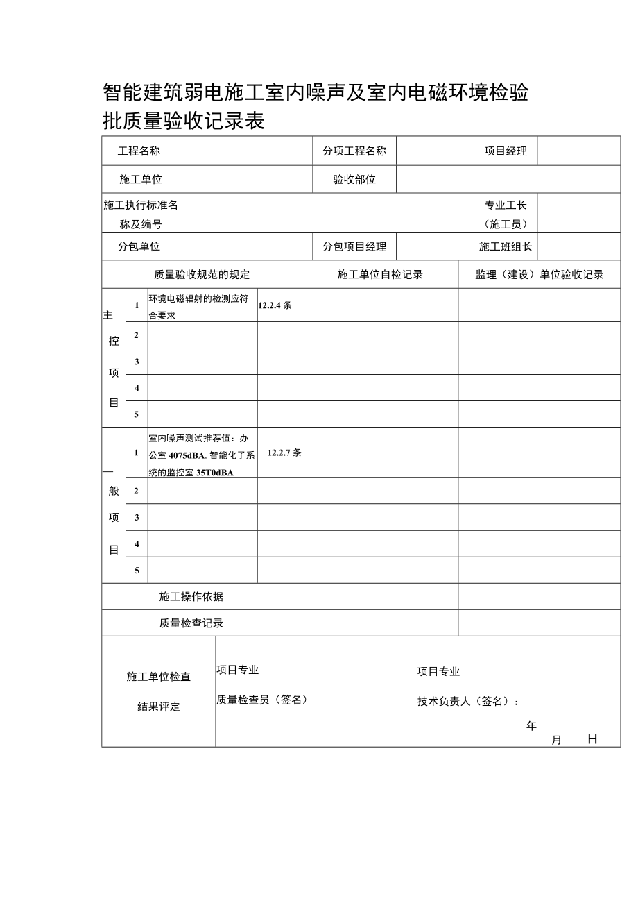 智能建筑弱电施工室内噪声及室内电磁环境检验批质量验收记录表.docx_第1页