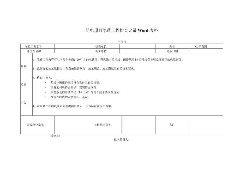 弱电项目隐蔽工程检查记录Word表格.docx_第1页