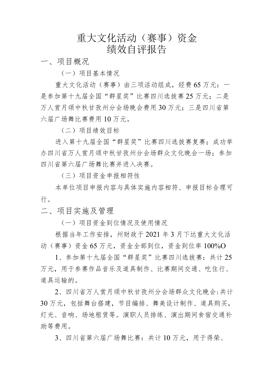 重大文化活动赛事资金绩效自评报告.docx_第1页