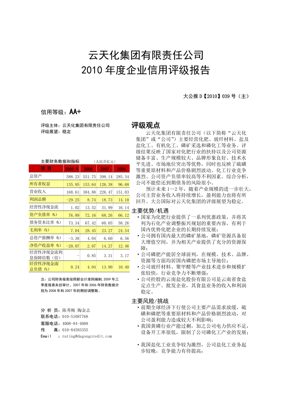 云天化集团有限责任公司XXXX年度企业信用评级报告.docx_第1页