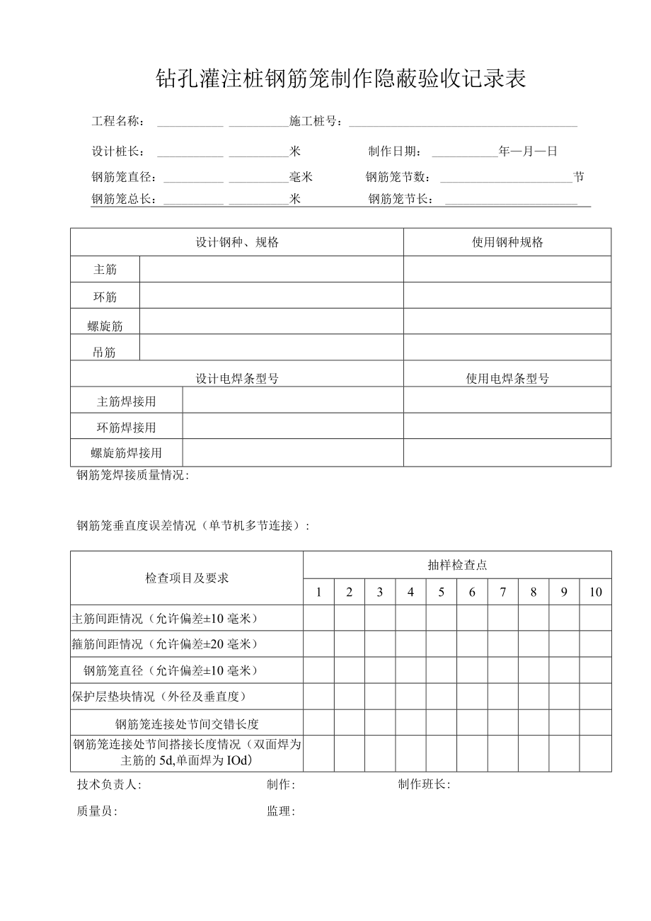 钻孔灌注桩钢筋笼制作隐蔽验收记录表.docx_第1页