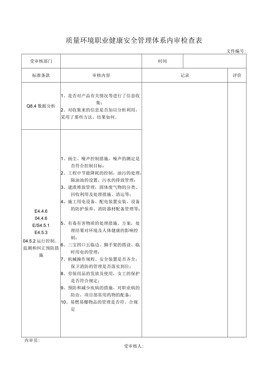 质量环境职业健康安全管理体系内检查表.docx_第1页