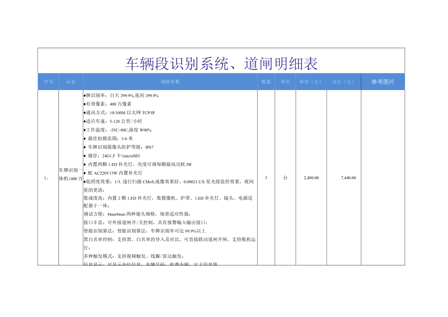 车辆段识别系统、道闸明细表.docx_第1页