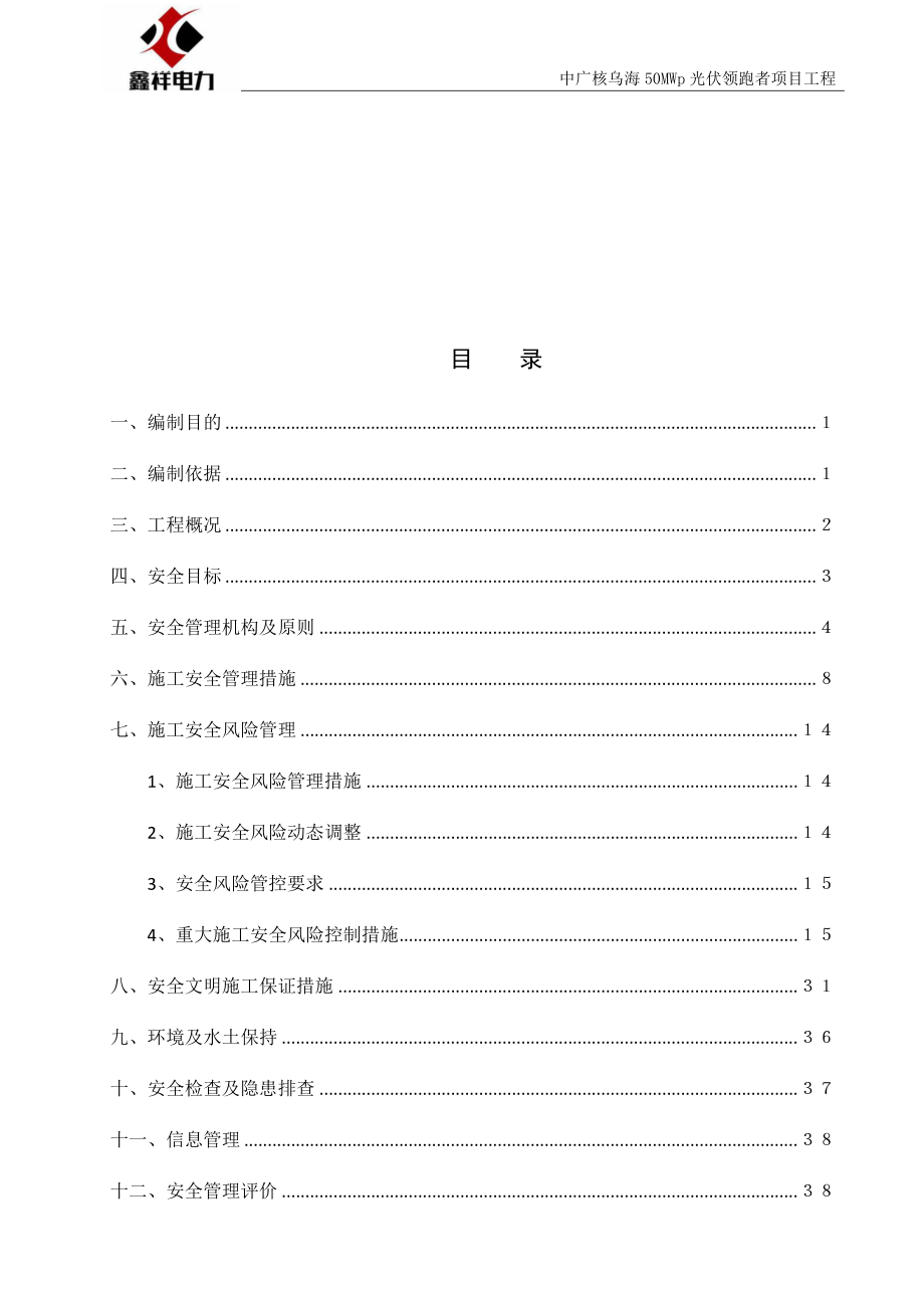 光伏领跑者项目工程施工安全管理及风险控制方案.docx_第1页