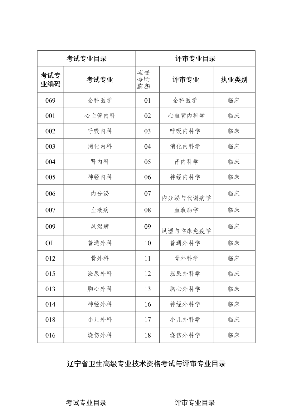 辽宁省卫生高级专业技术资格考试与评审专业目录.docx_第1页