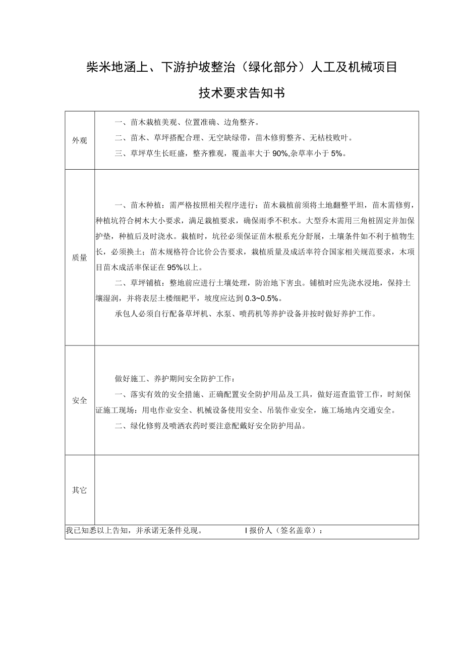 柴米地涵上、下游护坡整治绿化部分人工及机械项目技术要求告知书.docx_第1页