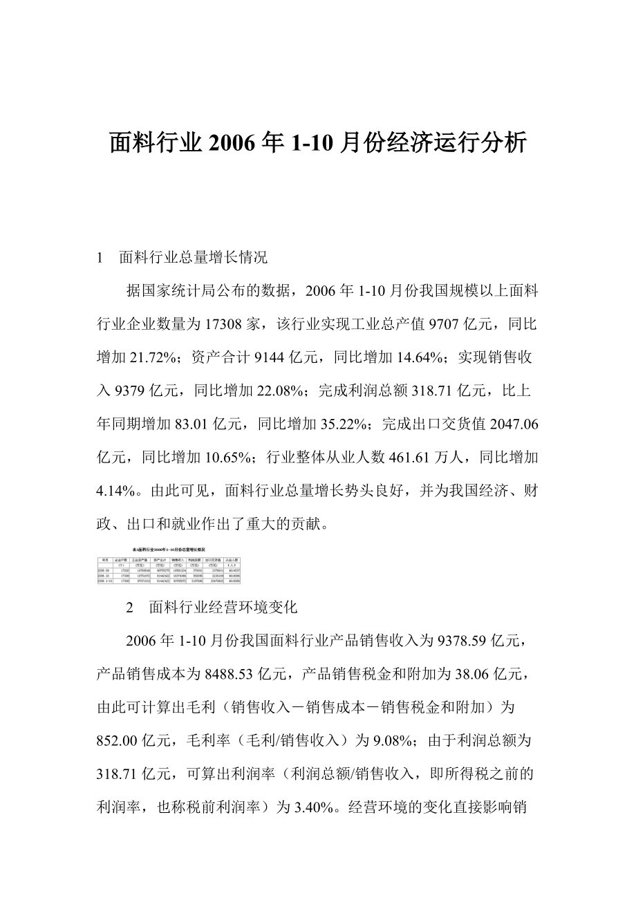 面料行业某年度1-10月份经济运行分析.docx_第1页