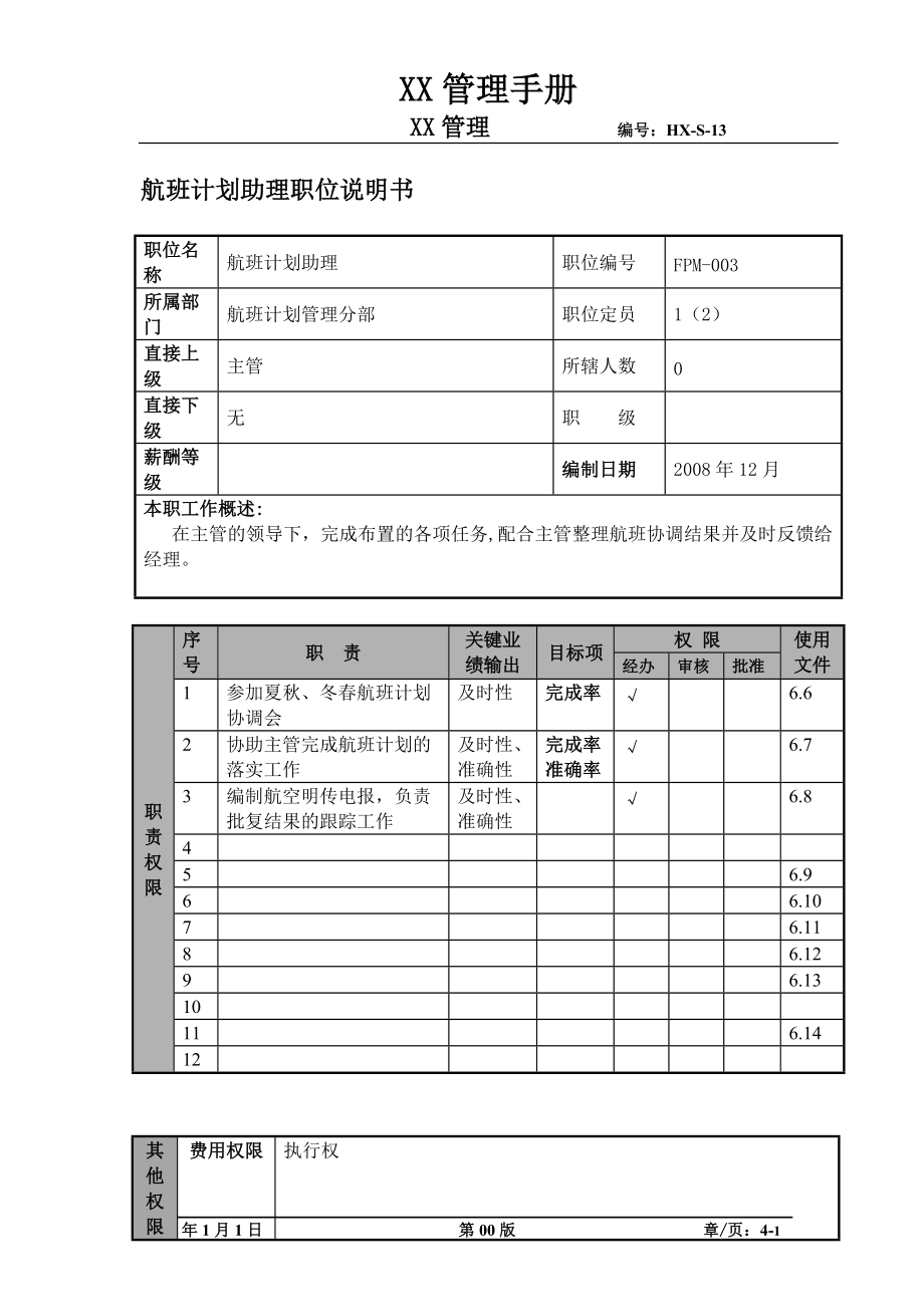 某航空物流公司航班计划助理职位说明书及关键绩效标准.docx_第1页