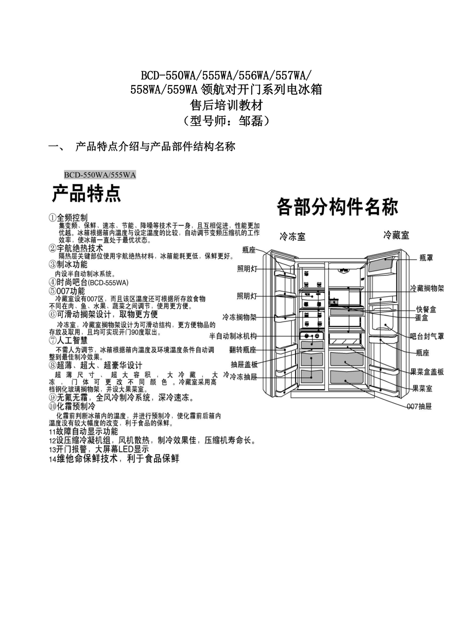 YA555宇航变频对开门大冰箱培训教材.docx_第1页