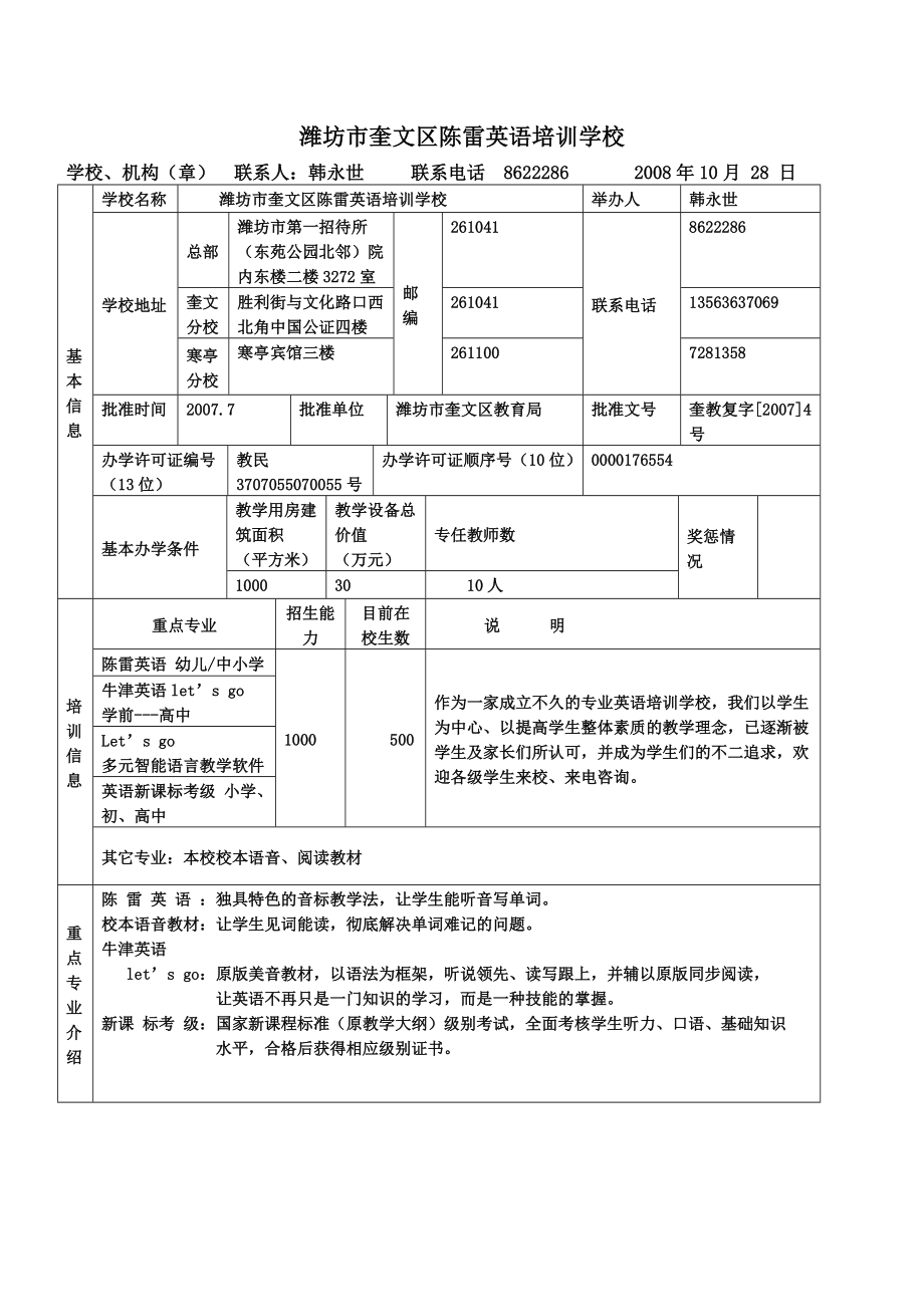 潍坊陈雷英语培训学校情况简介.docx_第1页