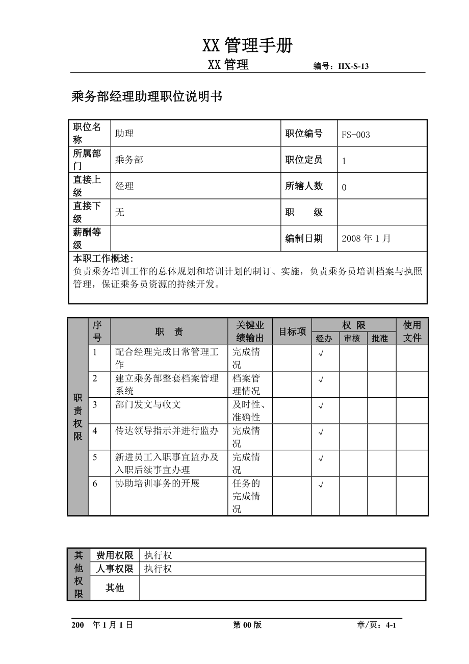 某航空物流公司乘务部经理助理职位说明书及关键绩效标准.docx_第1页