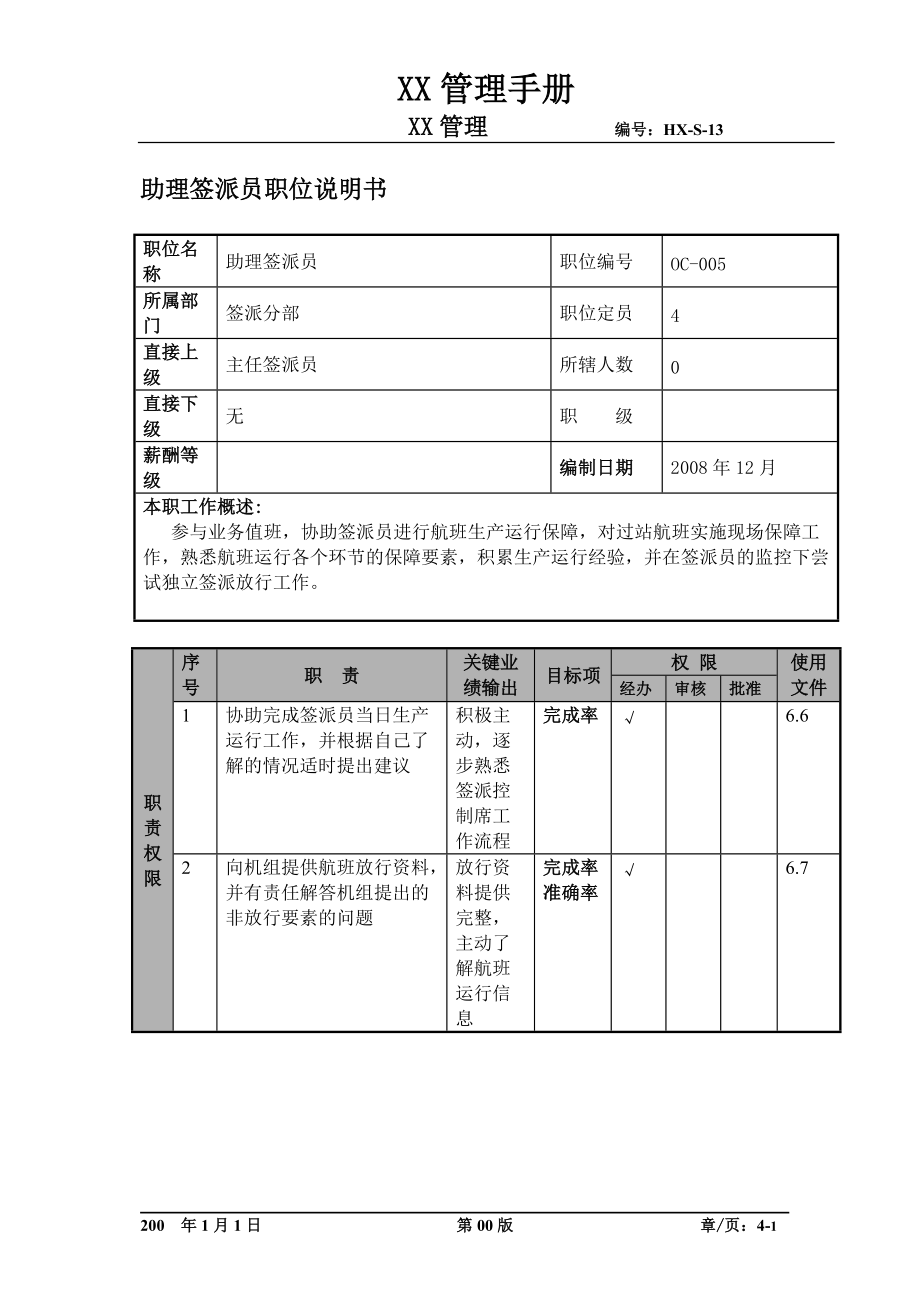 某航空物流公司助理签派员职位说明书及关键绩效标准.docx_第1页