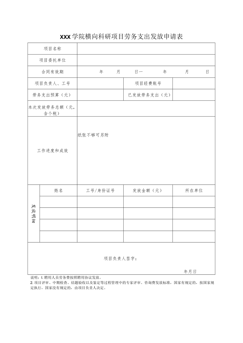 学院横向科研项目劳务支出发放申请表.docx_第1页