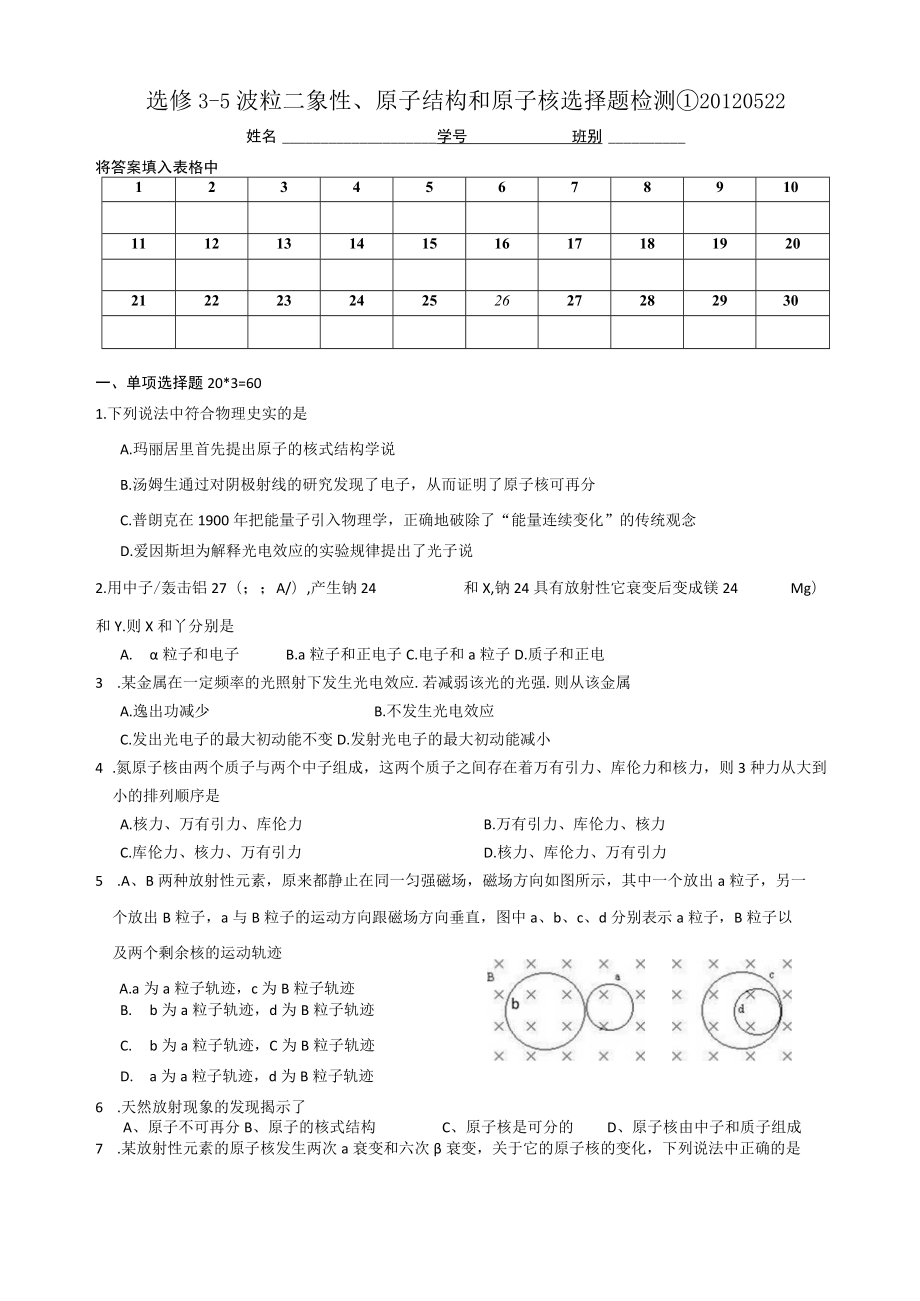 选修3-5波粒二象性、原子结构和原子核选择题检测①20120522.docx_第1页