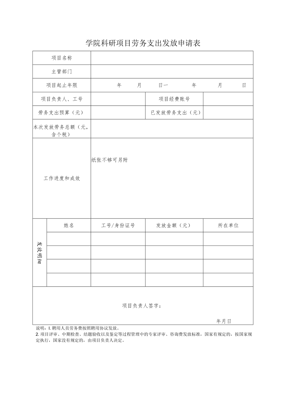 学院科研项目劳务支出发放申请表.docx_第1页