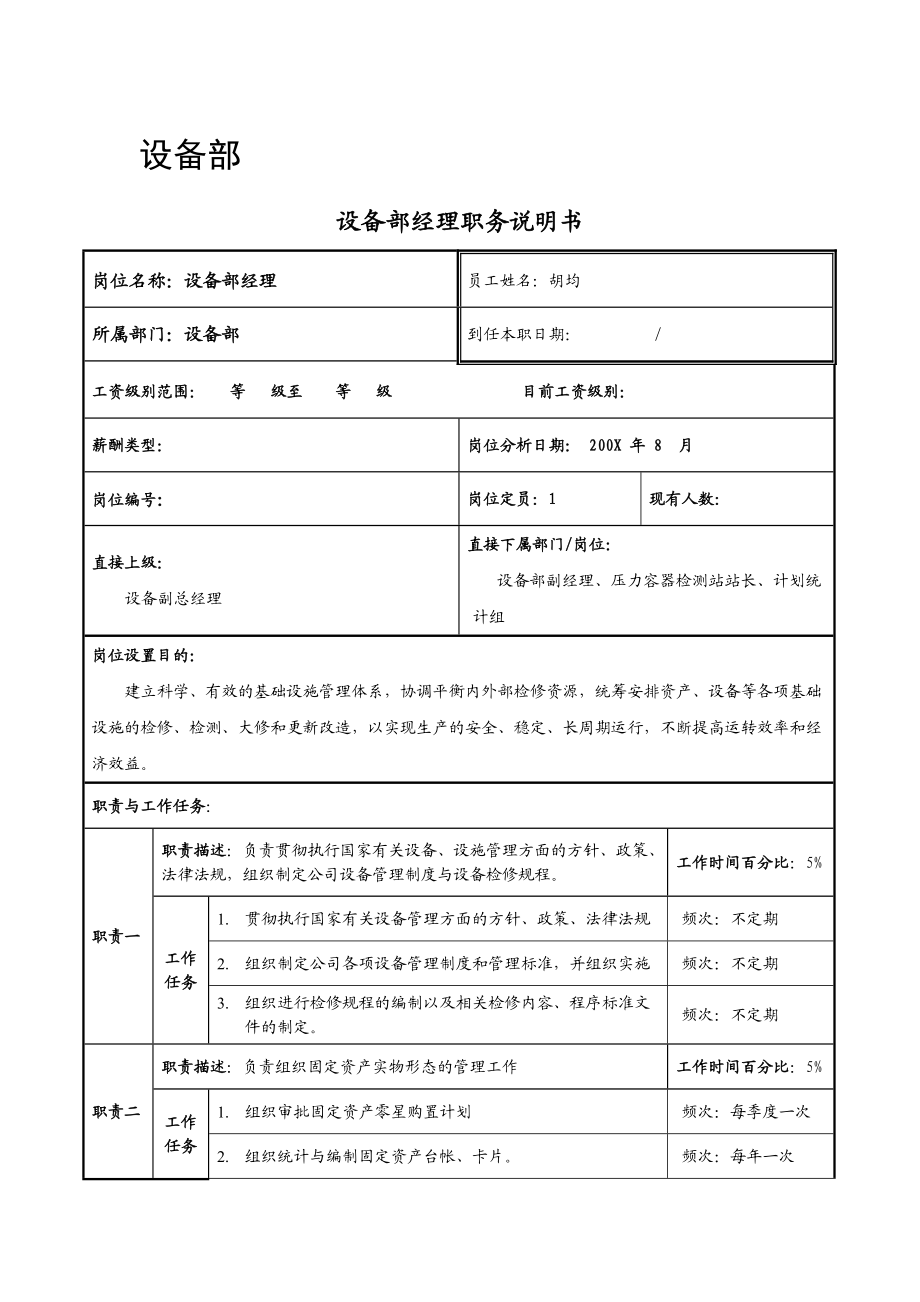 设备部经理职务说明书-岗位分析.docx_第1页