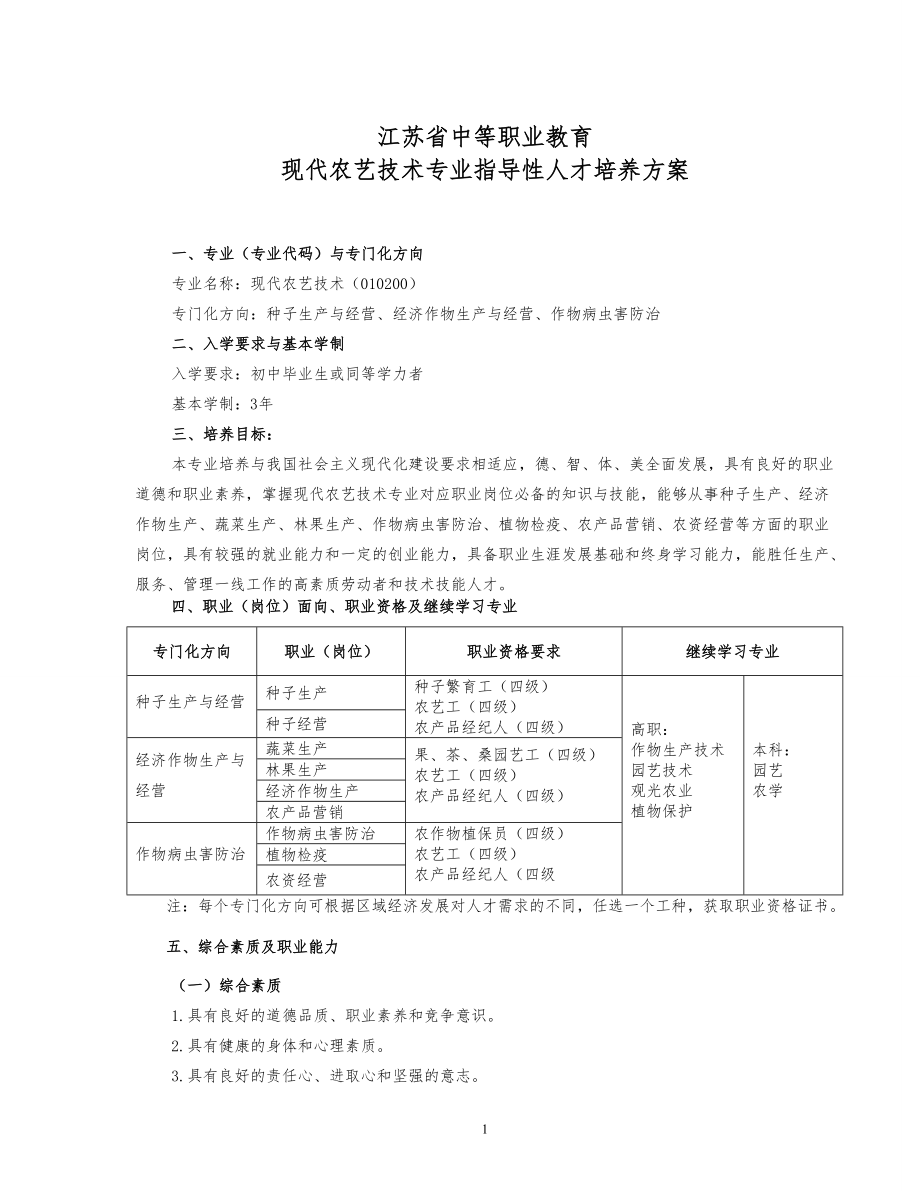 1中等职业教育现代农艺技术专业指导性人才培养方案.docx_第1页