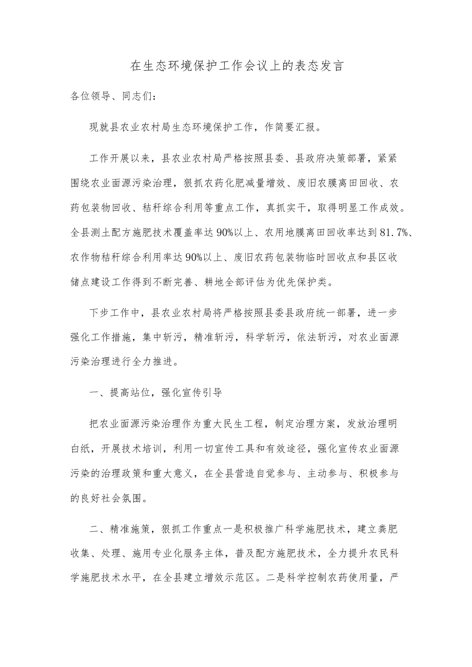 在生态环境保护工作会议上的表态发言.docx_第1页