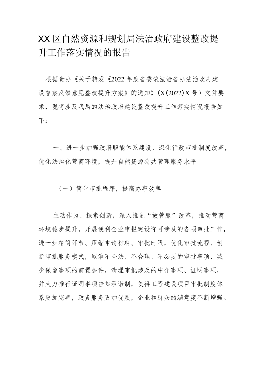 XX区自然资源和规划局法治政府建设整改提升工作落实情况的报告.docx_第1页