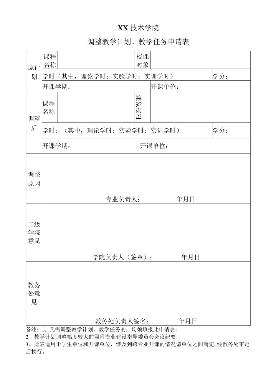 XX技术学院调整教学计划、教学任务申请表.docx_第1页