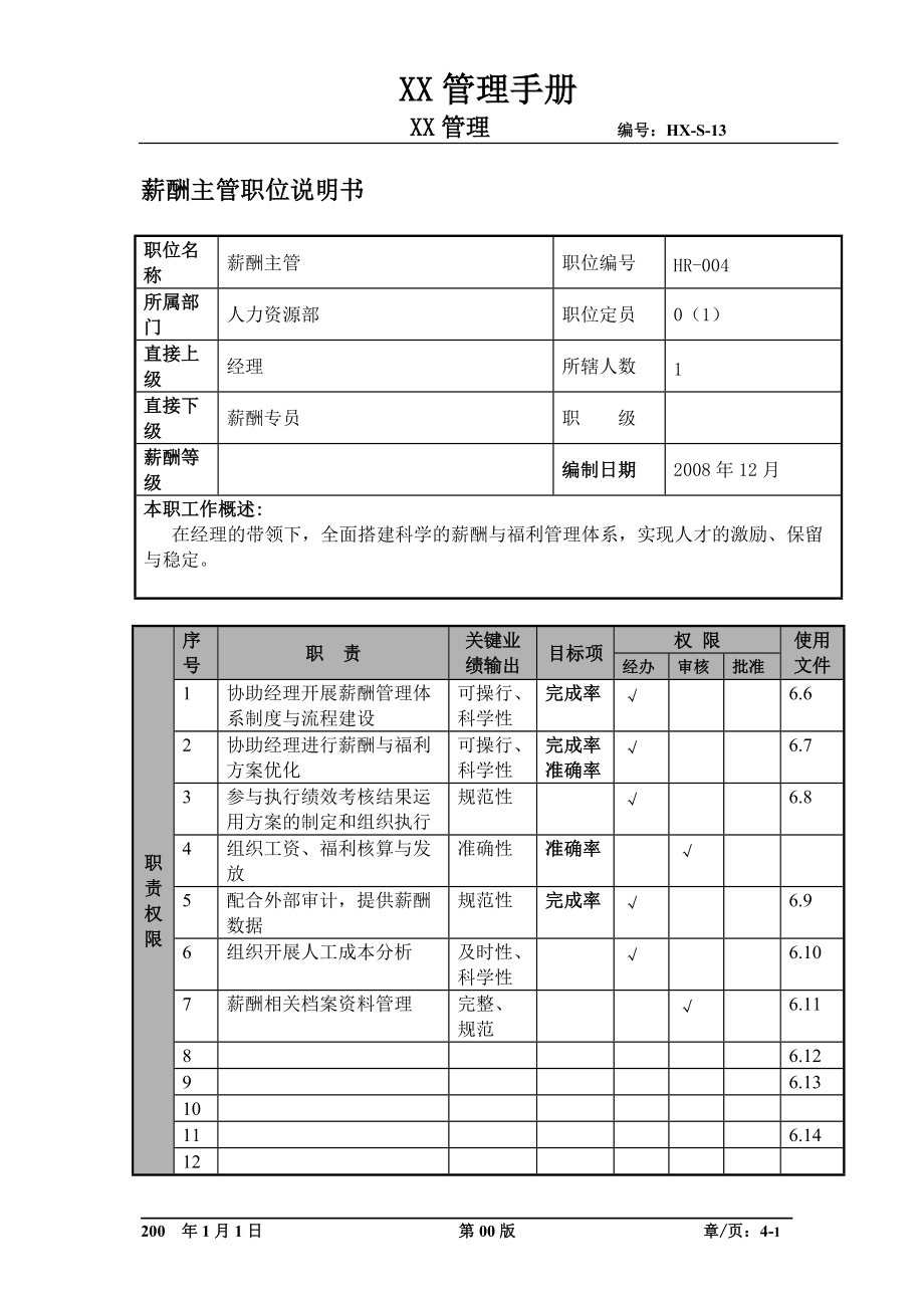 某航空物流公司薪酬主管职位说明书及关键绩效标准.docx_第1页